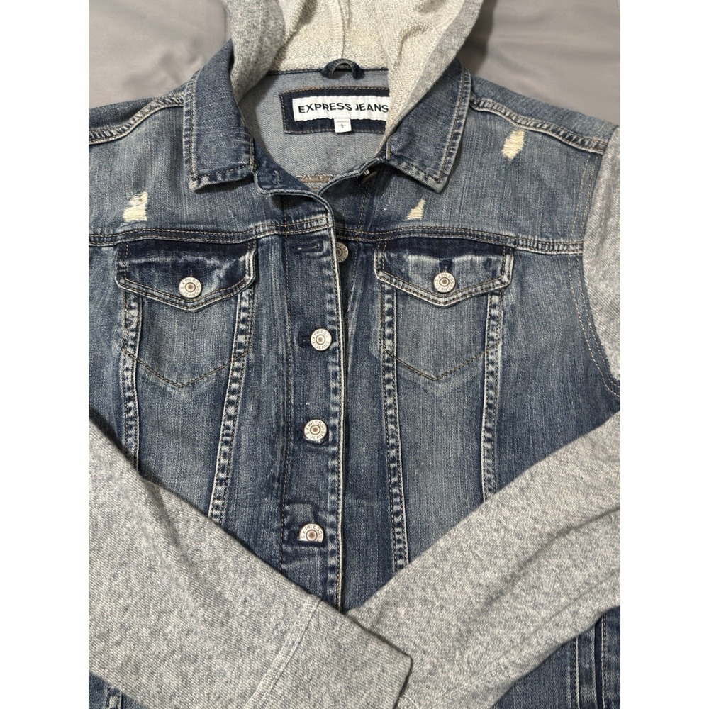 Express Jeans Women's L Distressed Denim Jacket With Sweatshirt Sleeves Hoodie - Picture 2 of 8